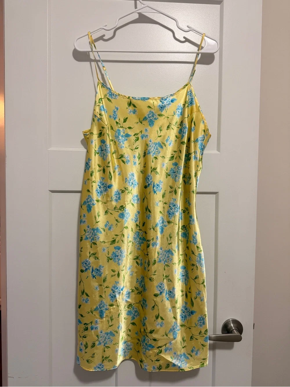 Yellow Satin Slip Dress with Blue Floral Print - Picture 1 of 2